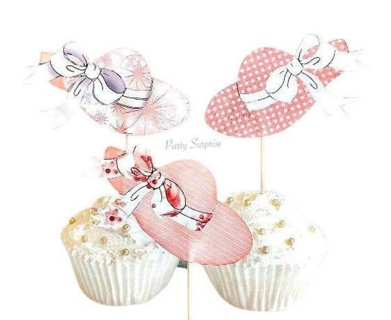 Pink Hats Cupcake Toppers Kentucky Derby Southern Wedding Party Sunhats Pink and White Decor Toppers Hat Cupcake Toppers Custom Made for you Il_570xn