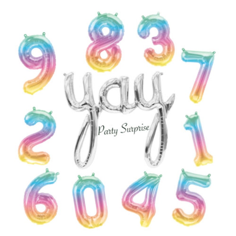 May include: Rainbow ombre number balloons in the numbers 1, 2, 3, 4, 5, 6, 7, 8, 9, and the word "yay" in silver foil balloons.