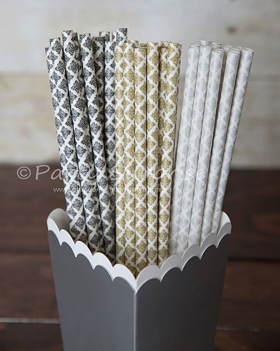 Straws Gold Silver Black Damask Paper Straws Wedding Straws Paper Party Straws Damask Shower Straws Birthday Party Straws Retro Straw Il_570xn