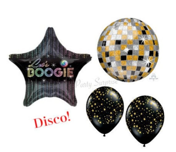 Disco Ball Balloon Pkg Black Gold Silver Disco Ball Mylar Foil Dance Disco Rock Made USA Black with gold Stars Latex Lets Boogy Star Balloon Il_570xn
