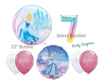 Cinderella Balloons 22" Bubble Balloon Package Girl Birthday Party Cinderella Party Balloons Rainbow Number Balloon Made in USA