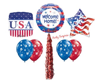 Patriotic Balloon Pkg Made in USA Welcome Home, Stars and Stripes, USA Balloons, Military Party Balloons Veterans Day Troops Coming Home