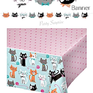 Cat Tablecloth, Cat Banner, Cat Party Tableware Decorations Kitten Birthday Party Paw Print Party Tablecloth Banner Cat Kitten Pet Party