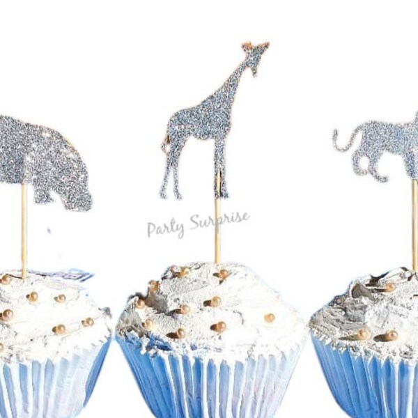 Safari Cupcake Toppers Silver Glitter Lion Giraffe Hippo Baby Shower Birthday Party Jungle Zoo Circus Kids Party Decoration Cupcake Topper