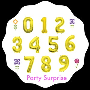 May include: Gold foil number balloons, 0 through 9, with a white background and small flower accents. The text "Party Surprise" is at the bottom of the image.