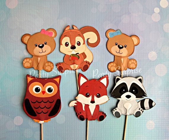 Woodland Animal Cupcake Toppers Squirrel Racoon Owl Bears Cake Toppers Centerpiece Baby Shower Birthday Rustic Woodland Party Animal Toppers Il_570xn