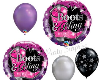 Boots Balloon Package Pink Boots Bling Sparkle Balloons, Chrome Purple and silver, Black with Silver Glitter Stars latex balloon package
