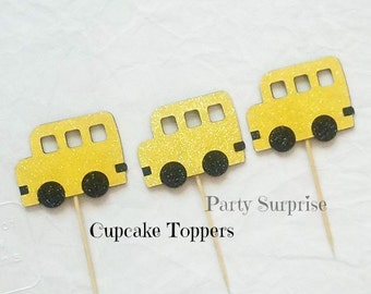 School Bus Cupcake Toppers Glitter Yellow and Black Cake Cupcake School Decorations Cupcake Toppers Graduation Back to School Bus Party