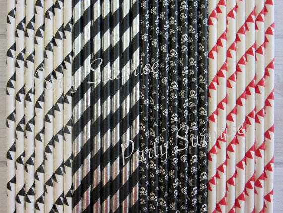 Straws Pirate Straws Skulls and Crossbones Straws Halloween Pirate Zombie Party Straws Black Silver Red White Straw Pirate Party Il_570xn