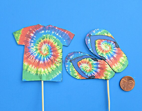 Tie Dye Shirts and Flip Flops Cupcake Toppers Tie Dye Custom Made Toppers 80's Party Disco Rock Summer Beach Birthday Party Tie Die Decor Il_570xn