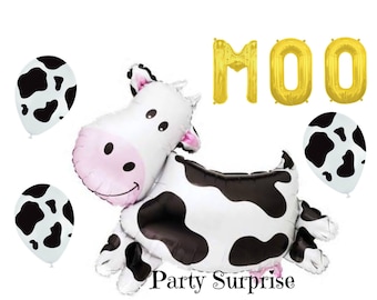 Cow Farm Balloon Pkg Cow Balloons B&W Cow print balloons Farm Party Decorations Kids Cow Straws Made in USA