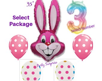 Pink Bunny Balloon Pkg Choose Number Balloon Select Your Pkg, Girl Birthday Balloons Easter Party Balloons Bunny, Rainbow Number, Polka Dots