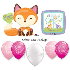Baby Girl Woodland Balloon Package Baby Shower Fox Woodland Balloons Welcome Baby Balloons Girl Baby Shower Woodland Party Made in  USA