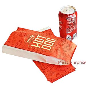 May include: Red and white paper bags with a hot dog design. The bags are stacked on top of each other. The text on the bag says "Hot Dog". A can of soda is in the background.