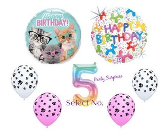 Kittens Birthday Balloons Kittens Cats Glasses Balloon Dogs Cats Paw Print Latex Paw Print Kids Birthday Party Balloons Made in USA Number