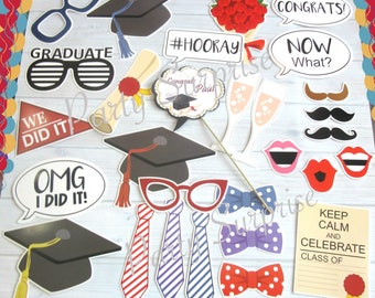 Graduation Photo Prop Package with Custom Speech Bubble and Glasses Graduation Party Fun 31 piece Photo Booth Props Grad Caps Party Decorati