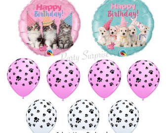 Dog and Cat Birthday Balloons Puppies Kittens Mylar and Latex Paw Print Balloons Pink White Select Your Package Dog Party Cat Party Balloons