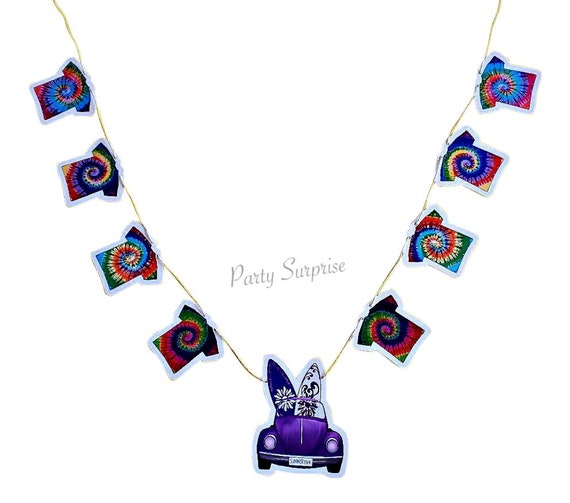Tie Dye Banner Personalize Volkswagon Bug Car Custom Made for You Tie Dye Party Decor Banner Matching Toppers Twine Retro Party Banner Il_570xn