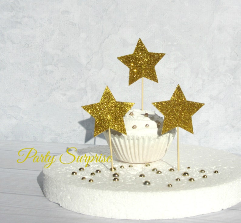 Stars Cupcake Toppers Gold and Silver Glitter Cake Topper Etsy
