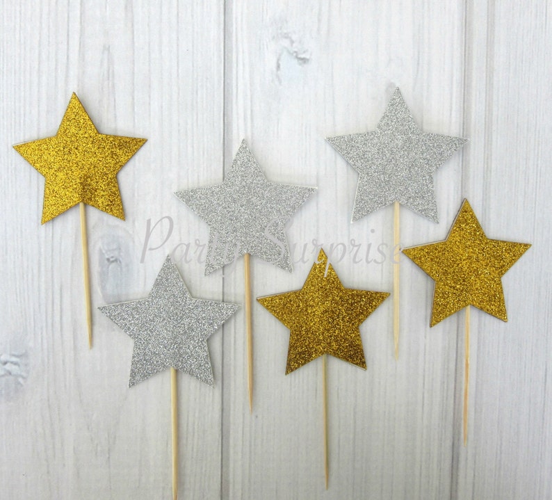Stars Cupcake Toppers Gold and Silver Glitter Cake Topper Etsy