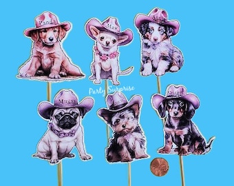 Dogs Cupcake Toppers Personalize Names on Hats Select Breeds Dogs with Cowboy Hats Cupcake Toppers, Cake Toppers, Banners Hand Made