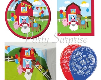 Farm House Party Plates Napkins Tablecloth Balloons FarmTableware Kids Birthday Party Cowboy Cowgirl Western Ranch Party Supplies