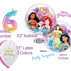 Princess Bubble Balloon 22", Happy Birthday with Gold Crown 3 colors Latex 11", Rainbow Number Balloon air inflate select number Choose Pkg