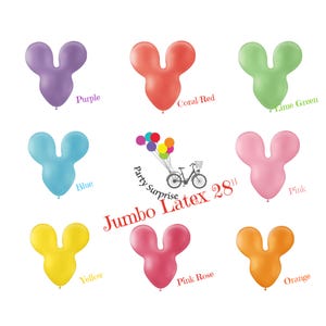 May include: Assortment of 28 inch jumbo latex balloons in various colours, including purple, coral red, lime green, blue, yellow, pink rose, pink, and orange. The balloons are shaped like a Mickey Mouse head with two ears.