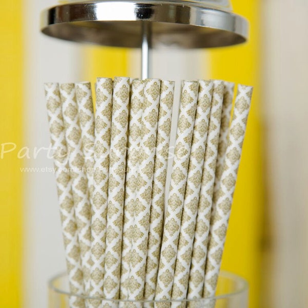 Gold Straws Damask, Silver Damask Straws, Wedding Straws,Vintage Retro Paper Straws,Gold Paper Party Straws