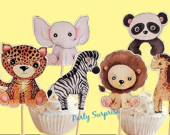Baby Safari Animals Cupcake Cake Toppers, Banners, Custom Hand Made Personalize Lion Tiger Panda Bear