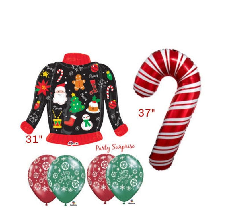 Christmas Jumbo Candy Cane Balloon Pkg Ugly Sweater Snowflake Balloons Made in USA Select Your PKG Christmas Balloons image 1