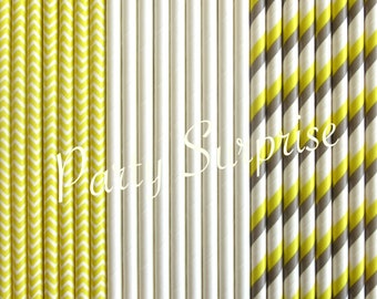 Straws Yellow White Gray Mix Birthday Baby Shower Wedding Summer Strong Paper Straws Chevron Solid Stripe Straws Yellow Straws Gray Straws