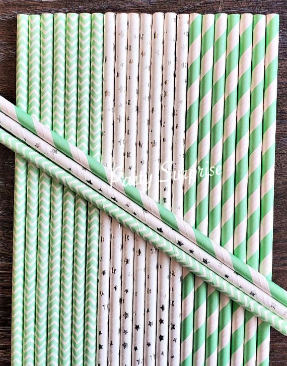 Mint and Silver Straws Mint Stripe Chevron Straws Silver Foil Star Straws Wedding Bridal Shower Mint Silver White Paper Straws Il_570xn