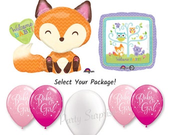 Baby Girl Woodland Balloon Package Baby Shower Fox Woodland Balloons Welcome Baby Balloons Girl Baby Shower Woodland Party Made in  USA
