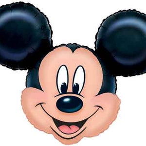 May include: A black and white balloon shaped like Mickey Mouse's head. The balloon has a large, smiling face with black eyes and a black nose.