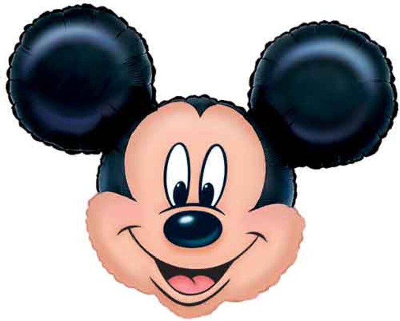 May include: A black and white balloon shaped like Mickey Mouse's head. The balloon has a large, smiling face with black eyes and a black nose.