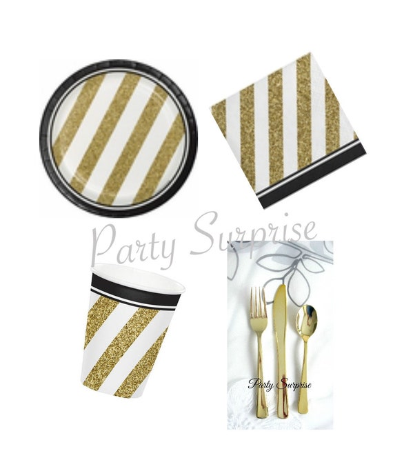 Black and Gold Foil Dessert Plates Cups Cutlery Birthday Wedding Cocktail Party 50th Birthday Anniversary Tableware Il_570xn
