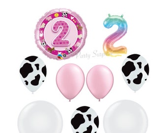 Girl Farm Birthday Two year Girl Birthday Party Balloons Farm Party Cow Pig Cow Print Pink White Party Balloons 2 Balloon Girl Made in USA