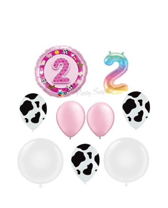Girl Farm Birthday Two year Girl Birthday Party Balloons Farm Party Cow Pig Cow Print Pink White Party Balloons 2 Balloon Girl Made in USA Il_570xn