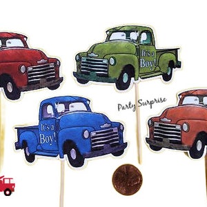 Vintage Trucks Cupcake Toppers Red Green Blue Rust Truck Banner Vintage Style Custom Hand Made Birthday Bachelor Fathers Day Cupcake Topper