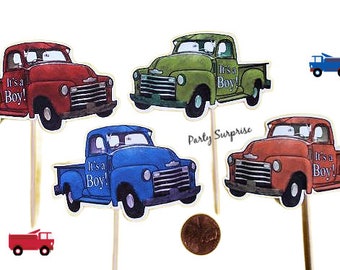 Vintage Trucks Cupcake Toppers Red Green Blue Rust Truck Banner Vintage Style Custom Hand Made Birthday Bachelor Fathers Day Cupcake Topper