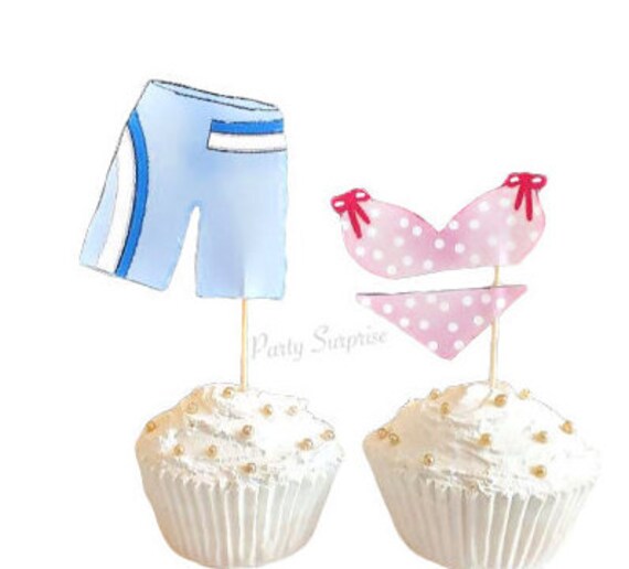 Gender Reveal Cupcake Toppers Bikinis and Board Shorts Custom Made Pink and Blue Birthday Cupcake Toppers Beach Pool Tropical Party Il_570xn