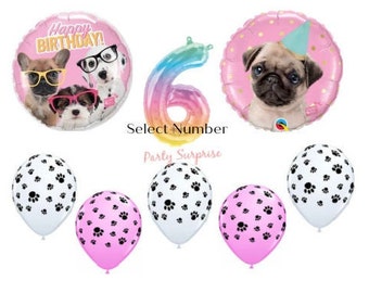 Pug Dog Birthday Balloons, Pug Balloon, Dogs with Glasses, Paw Print Pawty Puppy Kids Birthday Party Balloons, Pawprint Balloons