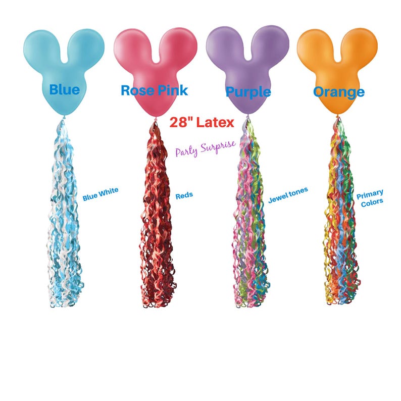 May include: Four 28 inch latex balloons in blue, rose pink, purple, and orange with a curled ribbon tail in coordinating colours. The text "Party Surprise" is printed on the balloons.
