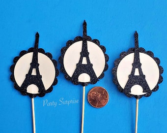 Paris Eiffel Tower Cupcake Toppers, Black and White Eiffel Tower Toppers, Paris Party Cupcake Toppers