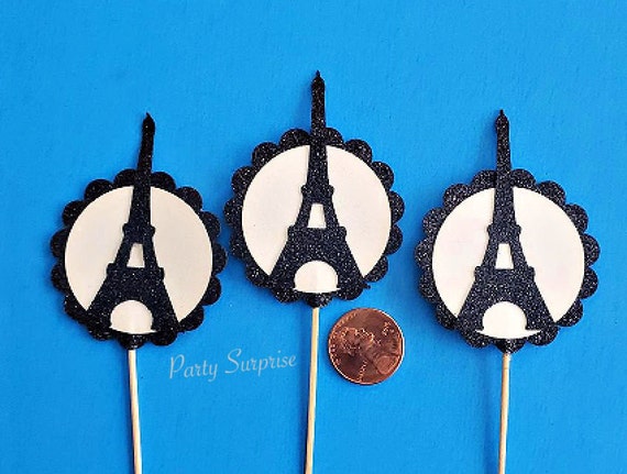 Paris Eiffel Tower Cupcake Toppers, Black and White Eiffel Tower Toppers, Paris Party Cupcake Toppers Il_570xn