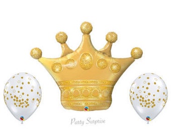 Gold Crown 41" Women Man Birthday Crown, Baby Little Prince or Little Princess Crown Balloon Latex Gold Dots Made in US