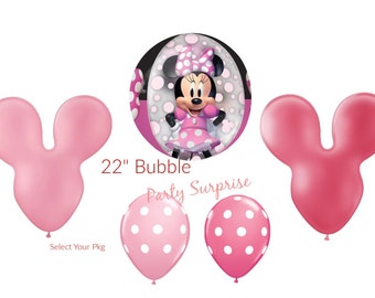 Minnie Mouse Bubble Balloon, Pink Mouse Ears, Polka Dots Balloon Pkg, Baby Girl Shower, Girl 1st Birthday Balloons Made in USA