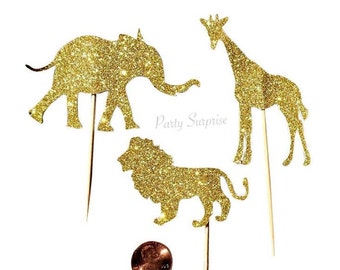 Safari Cupcake Toppers Gold Glitter Giraffe Elephant Lion Toppers Giraffe Cake Topper Jungle Zoo Animal Party Decor Gold Glitter Safari