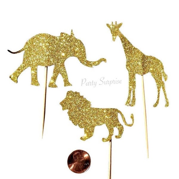 Safari Cupcake Toppers Gold Glitter Giraffe Elephant Lion Toppers Giraffe Cake Topper Jungle Zoo Animal Party Decor Gold Glitter Safari